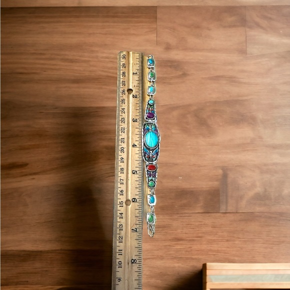 Stunning Fire Opal & Turquoise in Solid Sterling Silver Bracelet - Picture 8 of 12